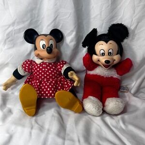 Disney Mickey Minnie Mouse Plush Vinyl Doll Set Small Red Black White Good VTG